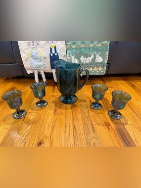 Iridescent Blue Glass Pitcher and 4 Goblets Set